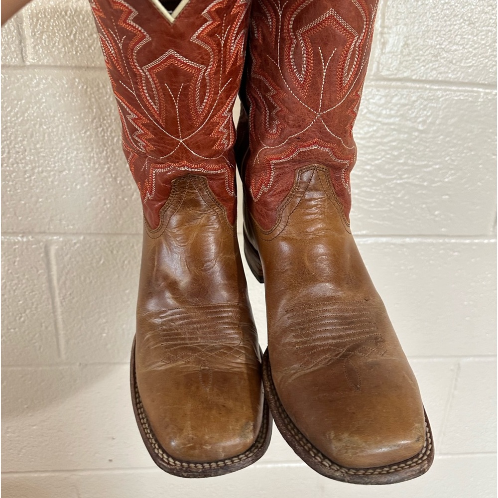 Brown and Red Cowboy Boots with Intricate Stitching